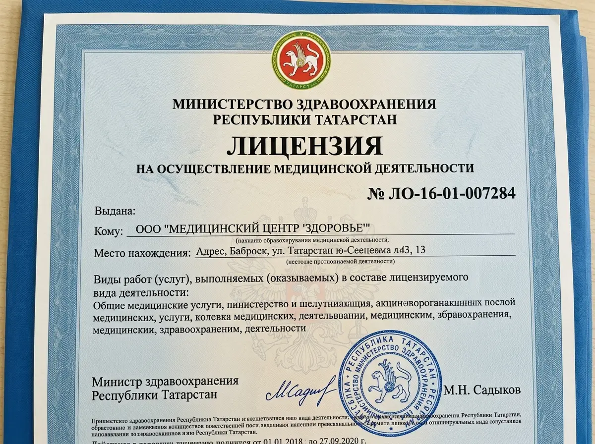 Лицензия на медицинскую деятельность № ЛО-16-01-007284 от Министерства здравоохранения Республики Татарстан, официальный документ на синем фоне с печатью и подписью