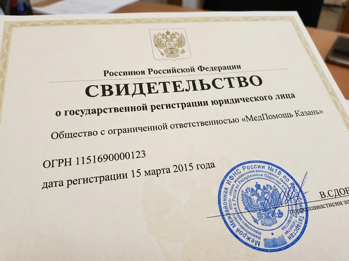 Свидетельство о государственной регистрации юридического лица ООО МедПомощь Казань, документ с синей гербовой печатью налоговой инспекции