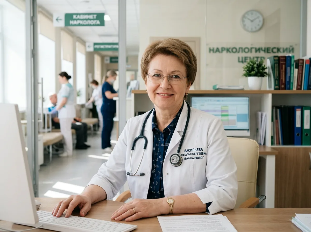 Портрет врача-нарколога Васильевой Натальи Сергеевны в белом халате со стетоскопом, доброжелательный внешний вид, медицинский центр